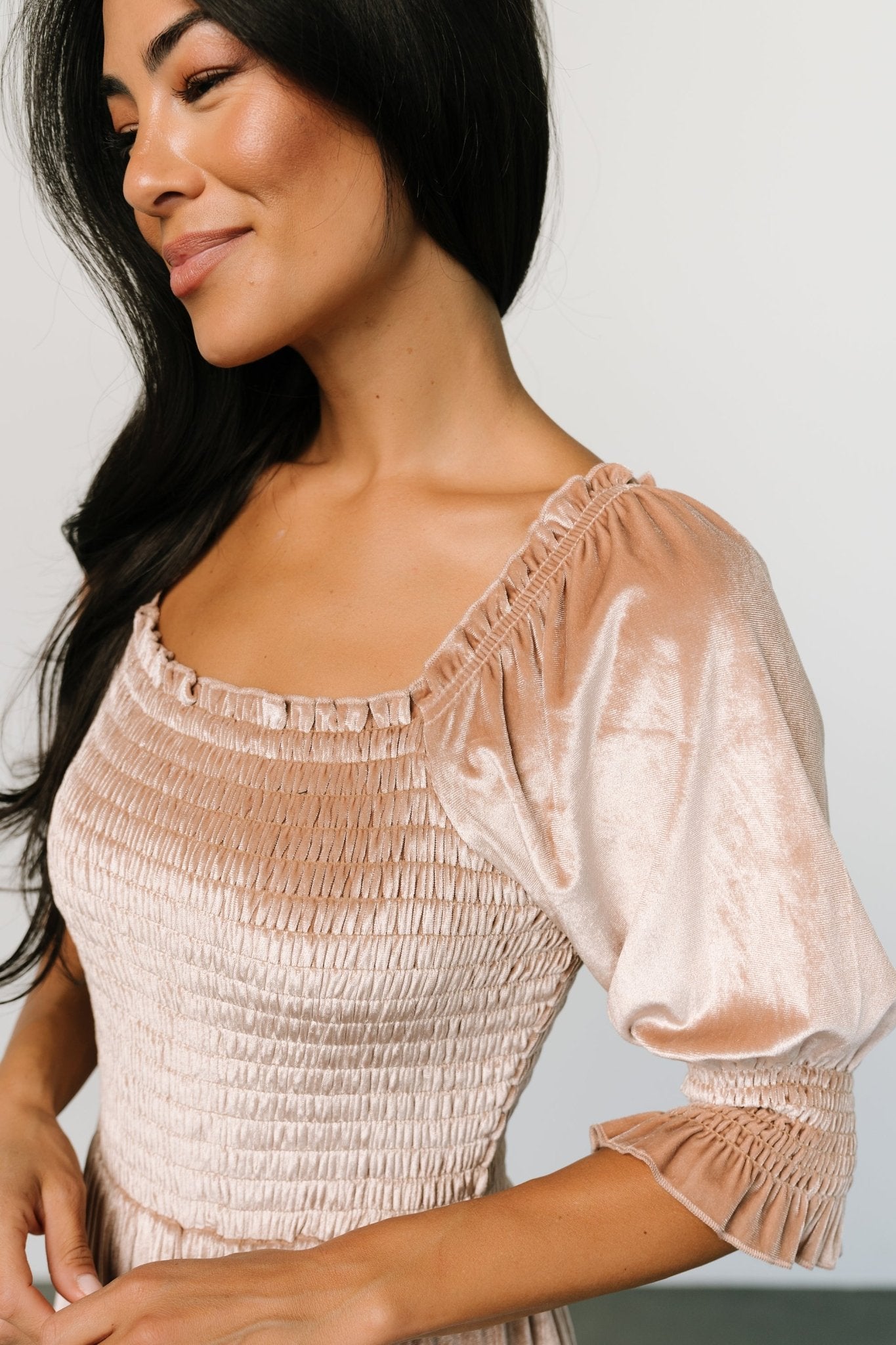 Vivaldi Smocked Velvet Midi Dress | Champagne