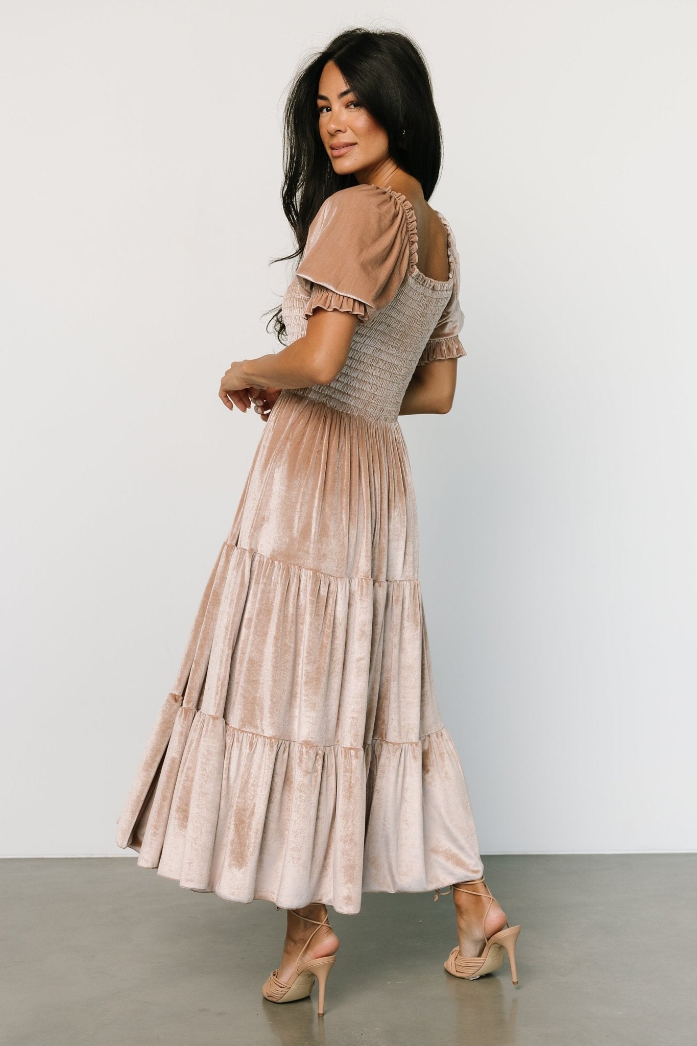 Vivaldi Smocked Velvet Midi Dress | Champagne