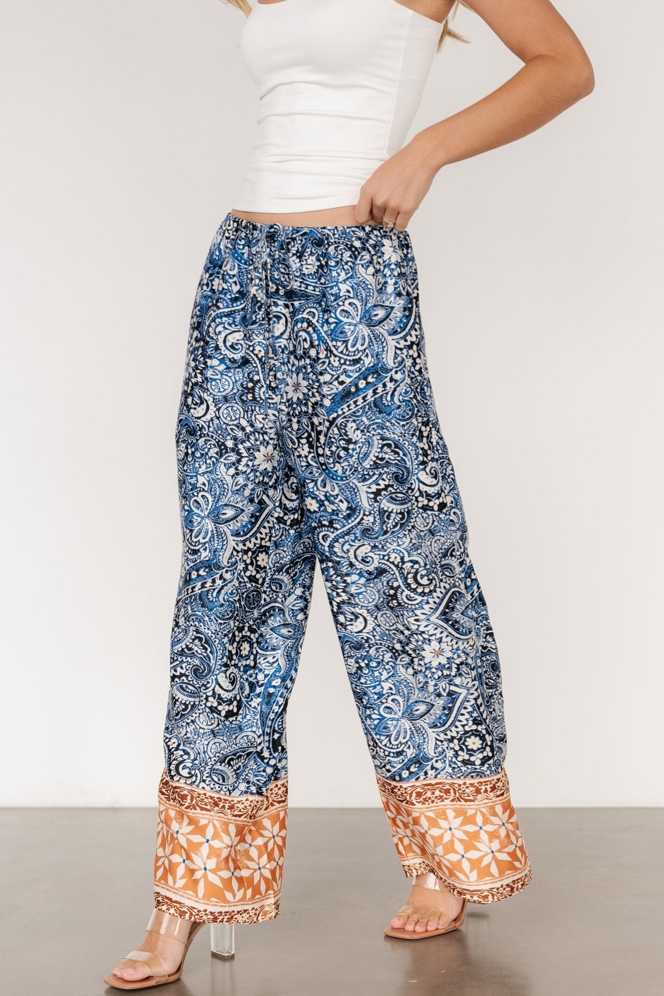 Zora Boho Satin Pants | Blue Multi Print